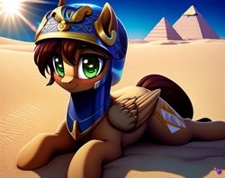 Size: 768x608 | Tagged: safe, imported from derpibooru, pegasus, pony, ai content, ai generated, egyptian pony, generator:purplesmart.ai, generator:stable diffusion, helmet, pyramids