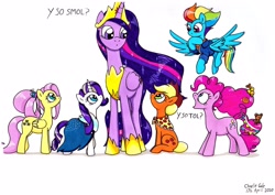 Size: 3497x2475 | Tagged: safe, artist:killerteddybear94, imported from derpibooru, applejack, fluttershy, pinkie pie, rainbow dash, rarity, twilight sparkle, alicorn, earth pony, pegasus, pony, unicorn, the last problem, cute, dialogue, flying, hat, looking at each other, mane six, older, older applejack, older fluttershy, older mane six, older pinkie pie, older rainbow dash, older rarity, older twilight, open mouth, princess twilight 2.0, size difference, smol, tol, traditional art, twilight sparkle (alicorn)