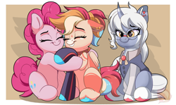 Size: 2320x1380 | Tagged: safe, artist:joaothejohn, imported from derpibooru, pinkie pie, oc, oc:soleil, pegasus, pony, unicorn, clothes, collar, commission, crying, female, goggles, horn, hug, mare, oc name needed, pegasus oc, simple background, unicorn oc