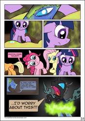 Size: 1600x2283 | Tagged: safe, artist:thunderelemental, imported from derpibooru, applejack, fluttershy, pinkie pie, twilight sparkle, oc, changeling, pony, comic:swarm rising, comic, disguise, disguised changeling, female, male, mare, speech bubble, stallion