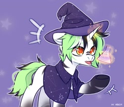 Size: 2300x2000 | Tagged: safe, artist:shelti, imported from derpibooru, oc, oc only, pony, unicorn, colored pupils, commission, flask, glowing, glowing horn, hat, horn, magic, magic aura, open mouth, outline, purple background, raised hoof, shawl, simple background, solo, standing, stars, stripes, underhoof, white outline, witch hat