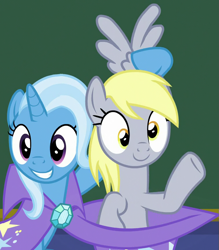 Size: 759x866 | Tagged: safe, imported from derpibooru, screencap, derpy hooves, trixie, pegasus, pony, unicorn, a matter of principals, season 8, spoiler:s08, cape, clothes, cropped, cute, derpabetes, diatrixes, duo, duo female, female, hat, magic trick, mare, pony out of a hat, raised hoof, sitting, smiling, trixie's cape, trixie's hat, waving