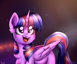 Size: 2528x2100 | Tagged: safe, artist:pozya1007, imported from derpibooru, twilight sparkle, alicorn, pony, :d, amazed, chest fluff, cute, dark background, draw this in your style, draw this twi by jsunlight, female, happy, open mouth, open smile, redraw, smiling, solo, space background, sparkles, stars, twilight sparkle (alicorn)