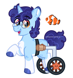 Size: 1400x1500 | Tagged: safe, artist:pink-pone, imported from derpibooru, oc, oc:iundigo splash, unicorn, glasses, male, simple background, solo, stallion, transparent background, wheelchair