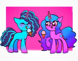 Size: 1368x1074 | Tagged: safe, artist:petaltwinkle, imported from derpibooru, izzy moonbow, pony, unicorn, cute, duo, eating, eyes closed, female, food, freckles, g5, heart, heart eyes, ice cream, ice cream cone, mare, misty brightdawn, smiling, tongue out, wingding eyes