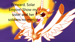 Size: 1280x720 | Tagged: safe, imported from derpibooru, screencap, daybreaker, alicorn, pony, derpibooru, caption, image macro, meta, solar empire, solo, text