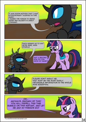 Size: 1600x2283 | Tagged: safe, artist:thunderelemental, imported from derpibooru, twilight sparkle, changeling, pony, comic:swarm rising, comic, duo, speech bubble