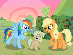 Size: 1033x774 | Tagged: safe, artist:starlingsentry27, imported from derpibooru, applejack, rainbow dash, oc, oc:olive catcher, pegasus, apple, apple tree, blank flank, female, filly, foal, magical lesbian spawn, mare, offspring, parent:applejack, parent:rainbow dash, parents:appledash, pegasus oc, request, sunset, tree, trio, trio female