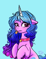 Size: 1074x1368 | Tagged: safe, artist:petaltwinkle, imported from derpibooru, izzy moonbow, pony, unicorn, behaving like a dog, blue background, collar, cute, dog collar, female, g5, izzybetes, mare, simple background, solo, tongue out