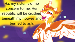 Size: 1280x720 | Tagged: safe, imported from derpibooru, screencap, daybreaker, alicorn, pony, derpibooru, caption, image macro, meta, solo, text