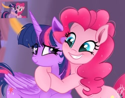 Size: 1368x1074 | Tagged: safe, artist:petaltwinkle, imported from derpibooru, screencap, pinkie pie, twilight sparkle, alicorn, earth pony, pony, the summer sun setback, cute, daaaaaaaaaaaw, diapinkes, duo, eye clipping through hair, female, folded wings, g4, hug, lesbian, physique difference, redraw, scene interpretation, screencap reference, shipping, slim, twiabetes, twilight sparkle (alicorn), twinkie, wings