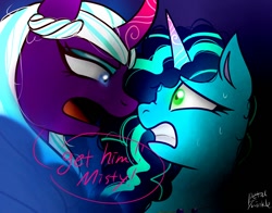 Size: 1368x1074 | Tagged: safe, artist:petaltwinkle, imported from derpibooru, opaline arcana, alicorn, pony, unicorn, spoiler:g5, dialogue, duo, g5, misty brightdawn