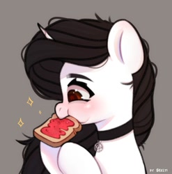 Size: 1977x2000 | Tagged: safe, artist:shelti, imported from derpibooru, oc, oc only, pony, unicorn, bread, choker, colored pupils, eating, female, food, gray background, herbivore, horn, jelly, mare, pentagram, request, simple background, solo