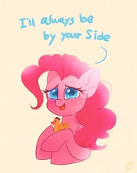 Size: 810x1024 | Tagged: safe, artist:petaltwinkle, imported from derpibooru, pinkie pie, pony, dialogue, rubber duck, simple background, solo, talking to viewer