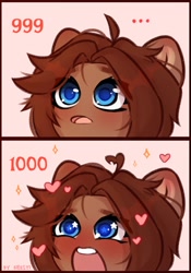 Size: 1386x1976 | Tagged: safe, artist:shelti, imported from derpibooru, oc, oc only, oc:owl, earth pony, pony, ..., 1000, 2 panel comic, blushing, bust, chibi, colored pupils, comic, female, heart, mare, open mouth, portrait, solo