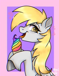 Size: 1074x1368 | Tagged: safe, artist:petaltwinkle, imported from derpibooru, derpy hooves, pegasus, pony, abstract background, eating, food, ice cream, solo