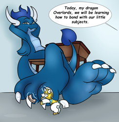 Size: 3900x3990 | Tagged: safe, artist:theinspiredsphynx, imported from derpibooru, oc, oc:cobalt, oc:cobalt the dragon, dragon, unicorn, affection, armor, blue, chair, classroom, claws, desk, dragon oc, feet, floor, folded wings, foot focus, giant dragon, glowing, glowing horn, horn, horns, macro, macro/micro, magic, non-pony oc, pampering, paws, pedicure, perspective, relaxed, relaxed face, relaxing, royal guard, royal guard armor, school, school desk, sitting, smiling, telekinesis, toes, tongue out, wings