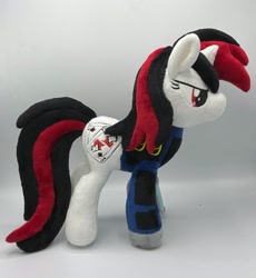 Size: 1882x2048 | Tagged: safe, artist:hibiscusstitch, imported from derpibooru, oc, oc only, oc:blackjack, pony, unicorn, fallout equestria, fallout equestria: project horizons, clothes, fanfic art, horn, irl, jumpsuit, photo, pipbuck, plushie, unicorn oc, vault suit