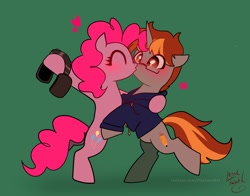 Size: 1368x1074 | Tagged: safe, artist:petaltwinkle, imported from derpibooru, pinkie pie, oc, earth pony, pony, unicorn, canon x oc, clothes, dancing, duo, hoodie, kissing