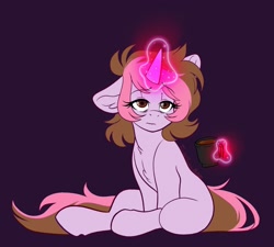 Size: 2048x1844 | Tagged: safe, artist:hibiscusstitch, imported from derpibooru, oc, oc only, oc:hibiscus stitch, pony, unicorn, coffee, female, glowing, glowing horn, horn, purple background, simple background, solo, tired, unicorn oc