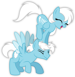 Size: 2936x3000 | Tagged: safe, artist:feather_bloom, imported from derpibooru, oc, oc:feather_bloom, oc:feather_stone, pegasus, pony, cute, eyes closed, happy, laughing, leapfrog, playing, rule 63, simple background, standing on head, white mane