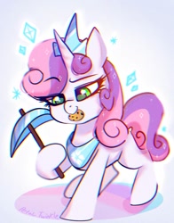 Size: 1074x1368 | Tagged: safe, artist:petaltwinkle, imported from derpibooru, sweetie belle, pony, unicorn, don't mine at night, cookie, diamond pickaxe, food, jewelry, minecraft, peytral, pickaxe, solo, tiara