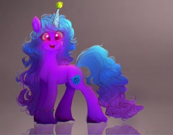 Size: 1368x1074 | Tagged: safe, artist:petaltwinkle, imported from derpibooru, izzy moonbow, pony, unicorn, ball, bracelet, female, friendship bracelet, g5, horn, hornball, jewelry, mare, open mouth, open smile, reflection, smiling, solo, standing, turned head, unshorn fetlocks