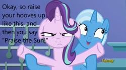 Size: 1280x710 | Tagged: safe, edit, edited screencap, imported from derpibooru, screencap, princess celestia, starlight glimmer, trixie, pony, unicorn, all bottled up, caption, floppy ears, image macro, kitchen, praise the sun, starlight glimmer is not amused, text, trixie's puppeteering, twilight's castle, unamused