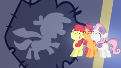 Size: 1920x1080 | Tagged: safe, artist:maximillianveers, artist:rdbrony16, artist:yanoda, edit, imported from derpibooru, apple bloom, scootaloo, sweetie belle, earth pony, pegasus, pony, unicorn, cutie mark crusaders, cutie mark crusaders patch, eyes closed, female, filly, foal, gradient background, smiling, trio, trio female, wallpaper, wallpaper edit