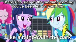 Size: 1280x714 | Tagged: safe, edit, imported from derpibooru, screencap, pinkie pie, rainbow dash, twilight sparkle, human, equestria girls, rainbow rocks, caption, dio, heavy metal, image macro, rainbow in the dark, singing, song reference, text
