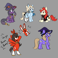 Size: 5000x5000 | Tagged: safe, artist:blondiemutt, imported from derpibooru, earth pony, pegasus, pony, unicorn, amber (genshin impact), baron bunny (genshin impact), clothes, diluc (genshin impact), genshin impact, gray background, hat, jean (genshin impact), lisa (genshin impact), mona (genshin impact), ponified, simple background, witch hat