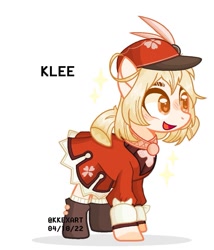 Size: 1015x1183 | Tagged: safe, artist:kexymoon, imported from derpibooru, pony, clothes, genshin impact, hat, klee (genshin impact), open mouth, ponified, shoes, simple background, white background