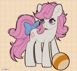 Size: 1200x1097 | Tagged: safe, artist:shelti, imported from derpibooru, sundance, earth pony, pony, abstract background, ball, bow, colored pupils, female, g1, g1 to g4, g4, generation leap, mare, open mouth, solo, standing, tail, tail bow
