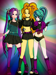 Size: 772x1036 | Tagged: safe, artist:kuya64, artist:kuyaganrinya, imported from derpibooru, adagio dazzle, aria blaze, sonata dusk, human, equestria girls, clothes, eyebrows, eyebrows visible through hair, female, frown, midriff, miniskirt, open mouth, open smile, shorts, skirt, smiling, socks, the dazzlings, thigh highs, thigh socks, trio, trio female