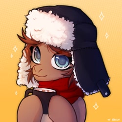 Size: 2000x2000 | Tagged: safe, artist:shelti, imported from derpibooru, oc, oc only, oc:owl, earth pony, pony, bust, chocolate, clothes, colored pupils, female, food, gradient background, hat, hoof hold, hot chocolate, looking at you, mare, marshmallow, mug, scarf, solo, ushanka