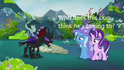 Size: 1280x720 | Tagged: safe, edit, edited screencap, imported from derpibooru, screencap, pharynx, starlight glimmer, trixie, changeling, pegasus, pony, to change a changeling, caption, image macro, text