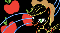 Size: 1920x1080 | Tagged: safe, artist:blackgryph0n, artist:rdbrony16, artist:yanoda, edit, imported from derpibooru, applejack, earth pony, pony, applejack's hat, black background, cowboy hat, cutie mark, female, hat, looking sideways, mare, neon, simple background, smiling, solo, wallpaper, wallpaper edit