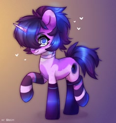 Size: 1884x2000 | Tagged: safe, artist:shelti, imported from derpibooru, oc, oc only, pony, unicorn, choker, clothes, colored pupils, commission, female, gradient background, hair over one eye, heart, horn, mare, raised hoof, raised leg, socks, solo, standing, striped socks