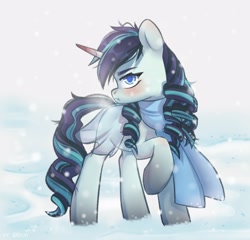 Size: 2086x2000 | Tagged: safe, artist:shelti, imported from derpibooru, coloratura, pony, unicorn, blushing, clothes, colored pupils, commission, daytime, female, frown, horn, looking at you, mare, messy mane, outdoors, race swap, raised hoof, scarf, skirt, sky, snow, solo, standing