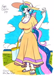 Size: 2478x3492 | Tagged: safe, artist:killerteddybear94, imported from derpibooru, princess celestia, alicorn, anthro, plantigrade anthro, bag, beckoning, big breasts, breasts, busty princess celestia, celestia day, cleavage, clothes, cute, cutelestia, dress, feet, female, flip-flops, hat, huge breasts, inviting, looking at you, mare, open mouth, ponytail, sandals, smiling, solo, sun hat, sundress, traditional art
