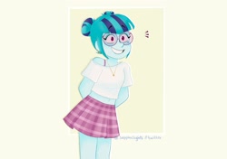 Size: 2048x1440 | Tagged: safe, artist:sunsetslight, imported from derpibooru, sonata dusk, human, equestria girls, adorkable, alternate hairstyle, clothes, cute, dork, ear piercing, earring, female, glasses, hair bun, hands behind back, jewelry, mole, piercing, skirt, smiling, solo, sonatabetes
