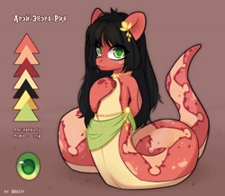 Size: 2296x2000 | Tagged: safe, artist:shelti, imported from derpibooru, oc, oc only, lamia, original species, clothes, colored pupils, cyrillic, female, flower, gradient background, hoof on chest, jewelry, long mane, necklace, reference sheet, skirt, snake tail, solo, tail