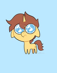 Size: 1074x1368 | Tagged: safe, artist:petaltwinkle, imported from derpibooru, part of a set, oc, oc only, unnamed oc, pony, unicorn, big eyes, chibi, eye clipping through hair, eye shimmer, floppy ears, frown, horn, light blue background, simple background, solo, unicorn oc, wide eyes