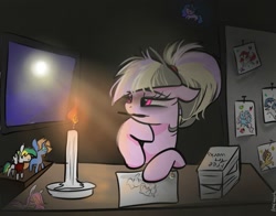 Size: 1368x1074 | Tagged: safe, artist:petaltwinkle, imported from derpibooru, oc, oc only, oc:petal twinkle, pegasus, pony, candle, drawing, paper, solo