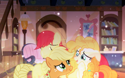 Size: 2628x1626 | Tagged: safe, artist:brooklynsentryyt, imported from derpibooru, applejack, bright mac, pear butter, pony, apple family, house, hug