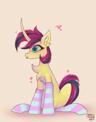 Size: 1074x1368 | Tagged: safe, artist:petaltwinkle, imported from derpibooru, oc, oc only, oc:candelaria, pony, unicorn, chest fluff, clothes, ear fluff, socks, solo, stockings, striped socks, thigh highs, tongue out