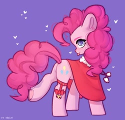 Size: 1200x1154 | Tagged: safe, artist:shelti, imported from derpibooru, pinkie pie, earth pony, pony, :p, bell, butt, colored pupils, female, heart, mare, plot, purple background, raised leg, shawl, simple background, solo, tongue out, underhoof