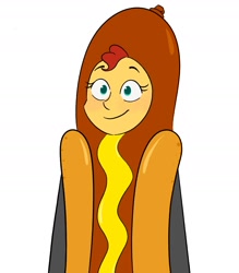 Size: 1575x1802 | Tagged: safe, artist:sunsetslight, imported from derpibooru, sunset shimmer, human, equestria girls, clothes, costume, eyebrows, female, food, food costume, hot dog, hot dog costume, meat, sausage, sausage costume, simple background, smiling, solo, white background