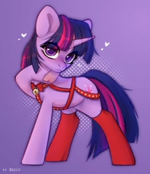 Size: 1722x2000 | Tagged: safe, artist:shelti, imported from derpibooru, twilight sparkle, pony, unicorn, bell, bow, clothes, colored pupils, female, frown, heart, hoof heart, horn, looking at you, mare, purple background, raised hoof, simple background, socks, solo, standing, tack, underhoof, unicorn twilight