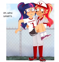 Size: 1864x1931 | Tagged: safe, artist:sunsetslight, imported from derpibooru, sci-twi, sunset shimmer, twilight sparkle, human, baseball, baseball cap, bridal carry, cap, carrying, duo, duo female, eyebrows, eyebrows visible through hair, facial markings, female, frown, glasses, hat, humanized, lesbian, light skin, scitwishimmer, shipping, signature, smiling, sports, sunsetsparkle, tan skin, teeth, the owl house
